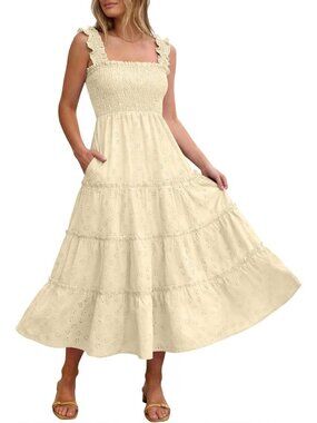Caracilia Women's Beige Square Neck Sleeveless Eyelet Smocked Tiered Midi Dress